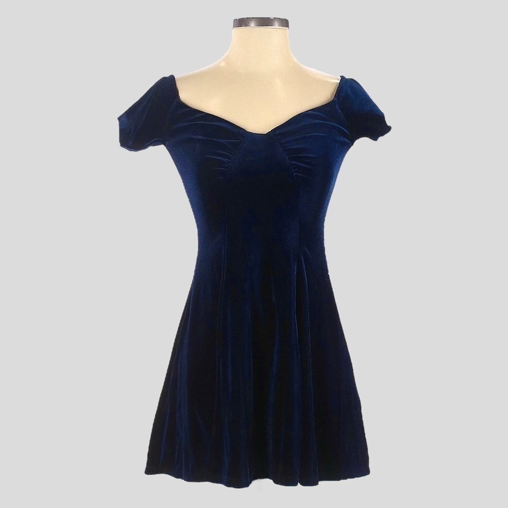 NBD XS Navy Velvet Off Shoulder Fit & Flare Mini Dress Party Cocktail Holiday